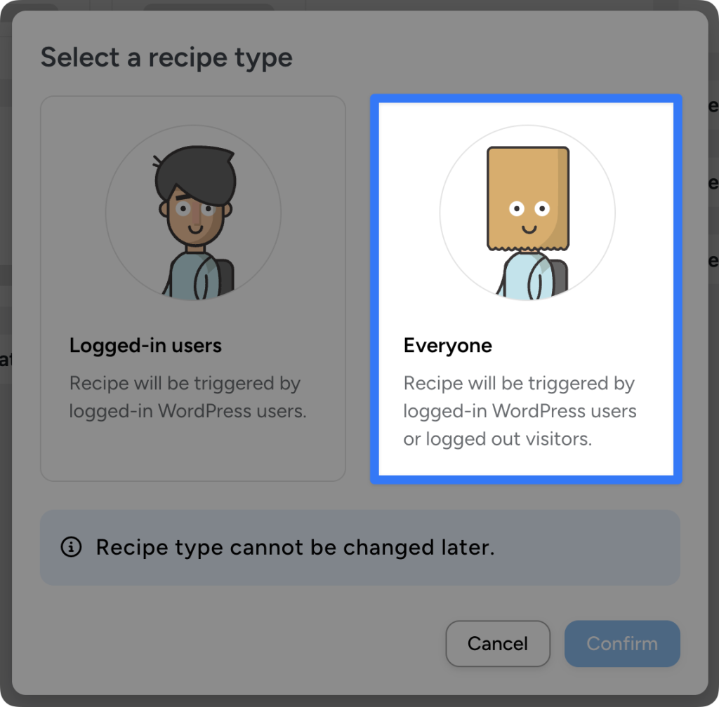 automator-recipe-type-modal-everyone Uncanny Automator recipe type selection modal. The “Everyone” option is selected, allowing triggers for all users.