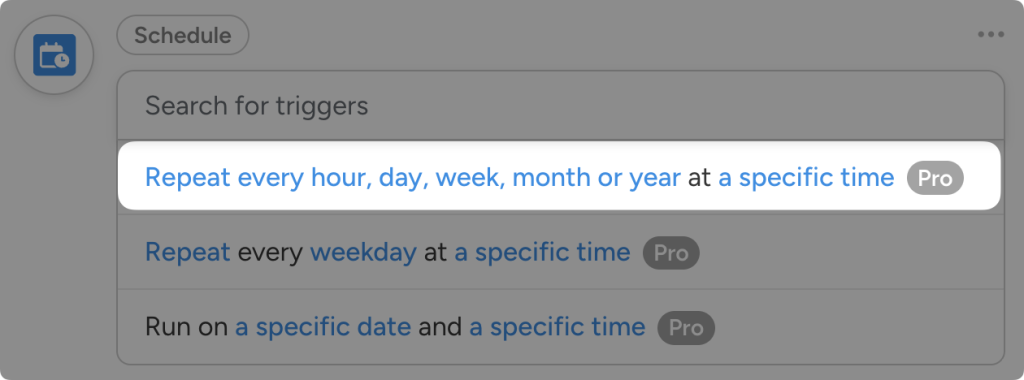 Automator dropdown list triggers for the Schedule integration. The user has highlighted the trigger “Repeat every hour, day, week, month, or year at a specific time.