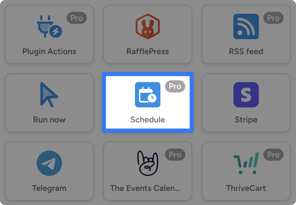 Grid of WordPress plugin integrations. The Schedule trigger is highlighted with a blue border.