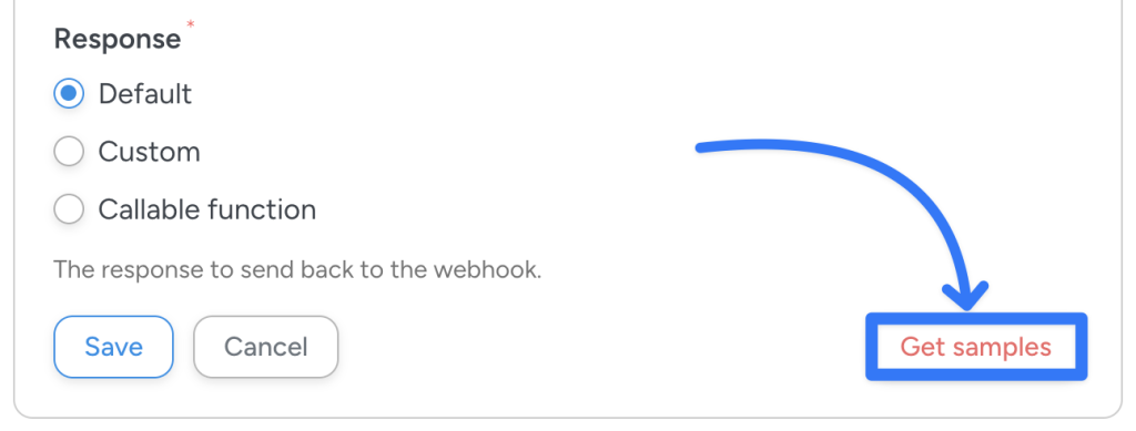 Uncanny Automator webhook response configuration with Default, Custom, and Callable function options. Arrow points to the 'Get samples' button for testing responses.