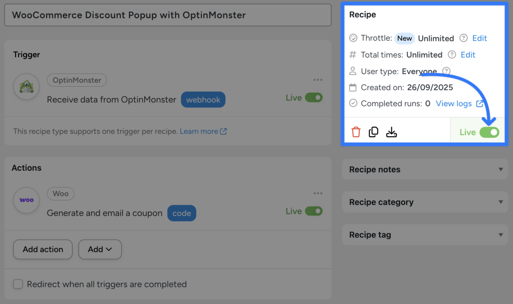 WooCommerce discount popup automation showing OptinMonster webhook trigger and WooCommerce coupon generation action. The automation is “Live”.