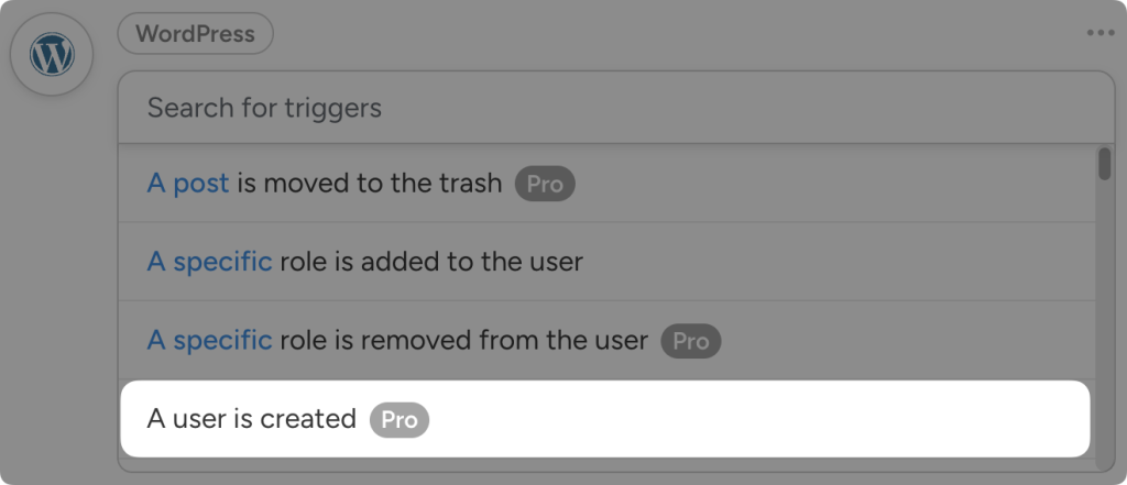 Dropdown list of Uncanny Automator triggers for WordPress. The user has highlighted the trigger “A user is created”.