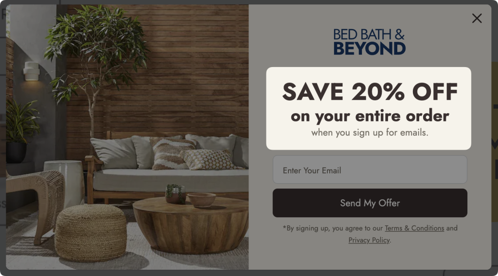 Bed Bath & Beyond discount popup offering 20% off with outdoor patio furniture and plants in the background. The text “Save 20% OFF is prominently displayed.