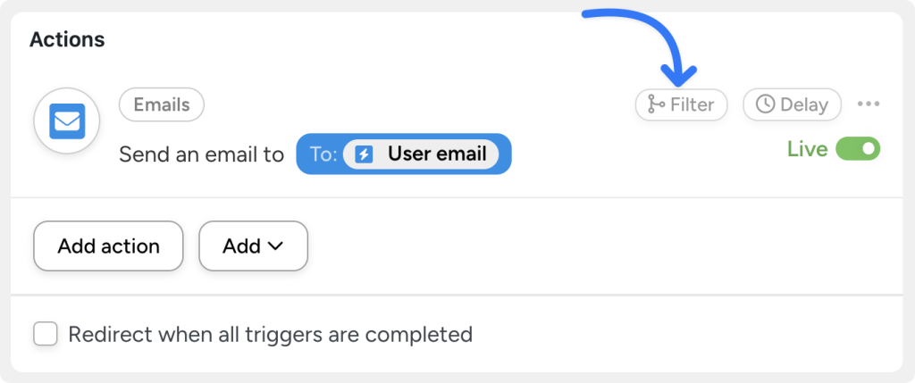 Send email action in Automator with a blue arrow pointing to the “Filter” option.