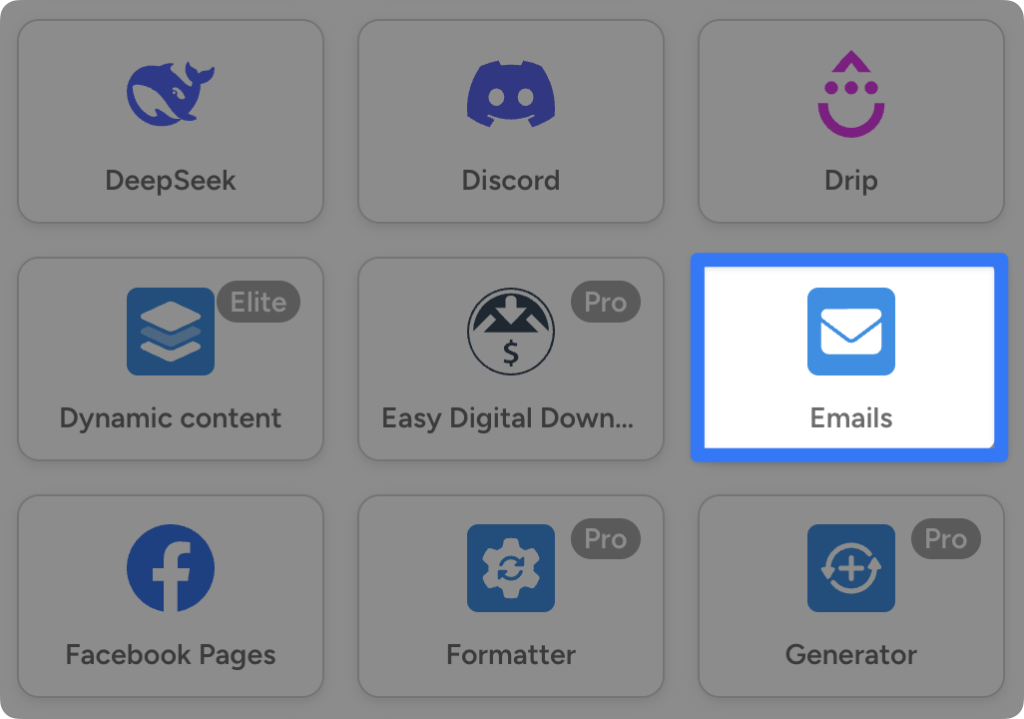 Grid of WordPress integrations for Uncanny Automator. The highlighted icon in the center reads “Emails” in blue.