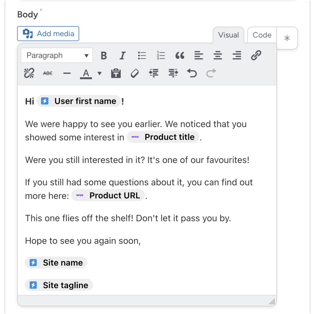 A sample of a WooCommerce abandoned cart recovery email with personalization tokens for the user’s first name and the product they abandoned in their cart.