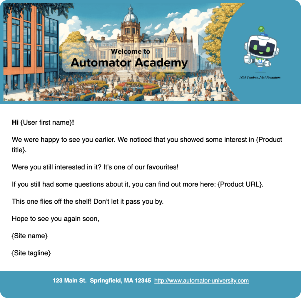 A sample of a WooCommerce abandoned cart recovery email with branding for the pretend “Automator Academy”.