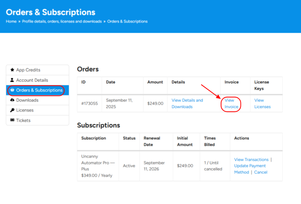 Uncanny Automator Account View Invoice