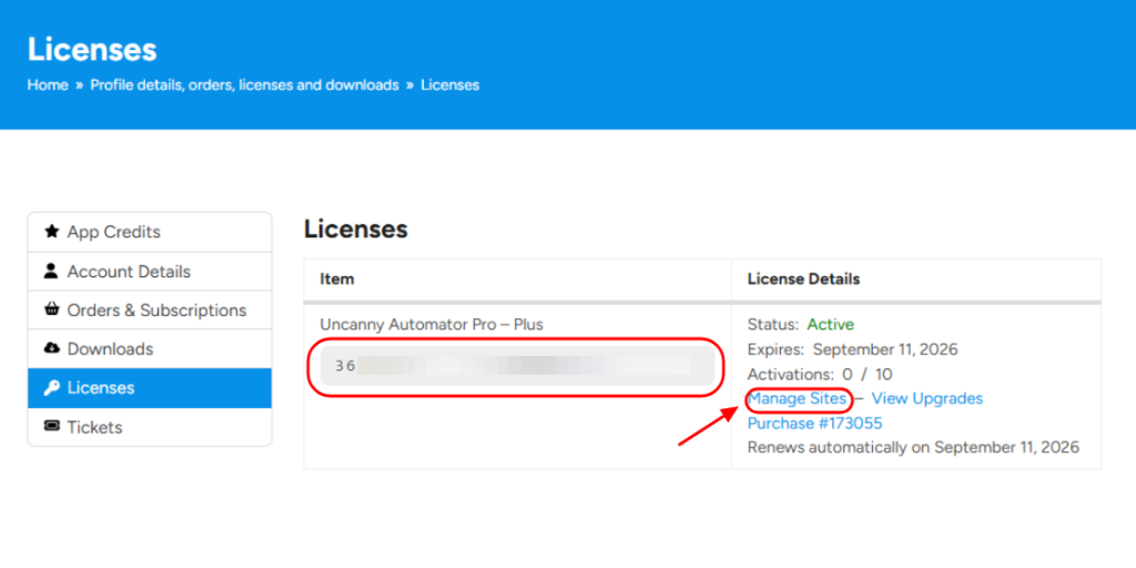 Uncanny Automator Account Manage Sites