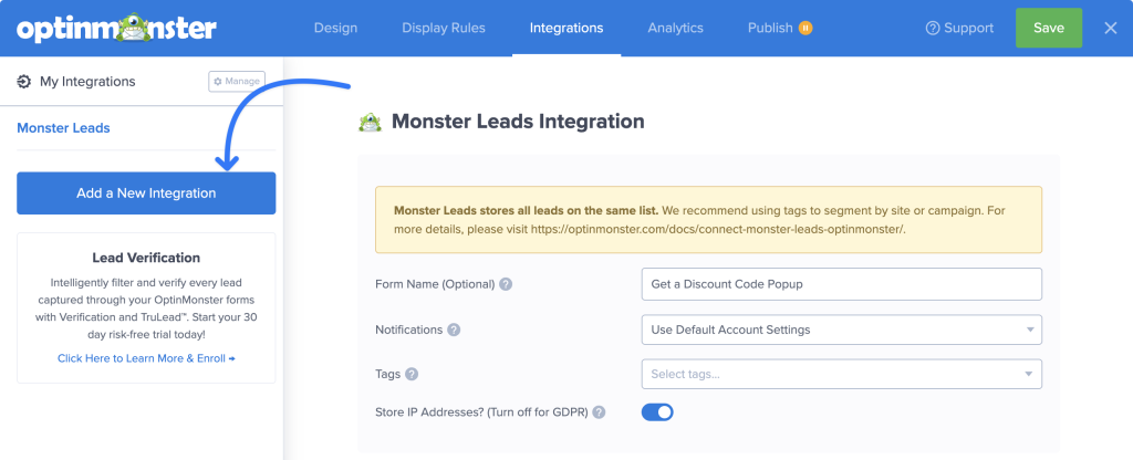 OptinMonster integration settings showing 'Add a New Integration' button highlighted with an arrow pointing to Monster Leads configuration form.