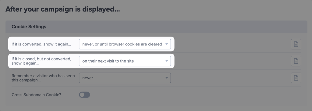 Cookie settings panel in OptinMonster showing options for campaign redisplay: never show after conversion, show on next visit if closed.