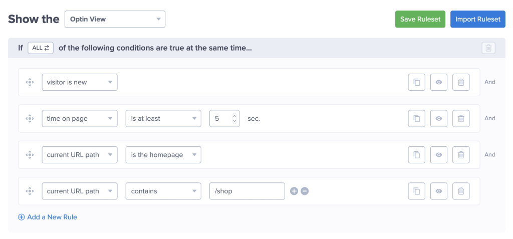 Display rules configuration for an OptinMonster popup showing conditions for new visitors spending 5+ seconds on homepage or shopping pages.