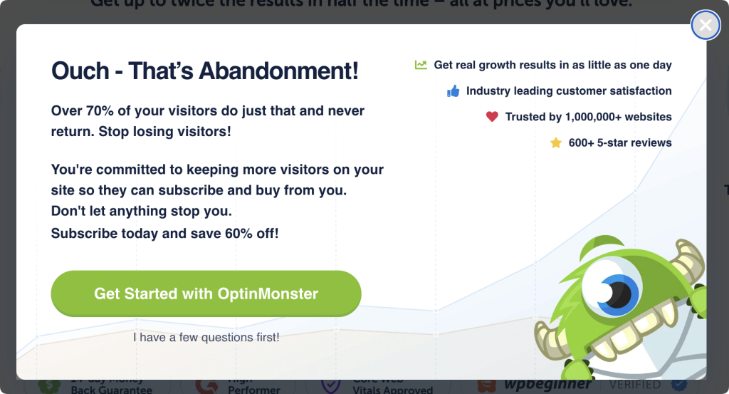 OptinMonster exit-intent popup with the mascot in the corner and a headline about cart abandonment and trust badges showing growth results.
