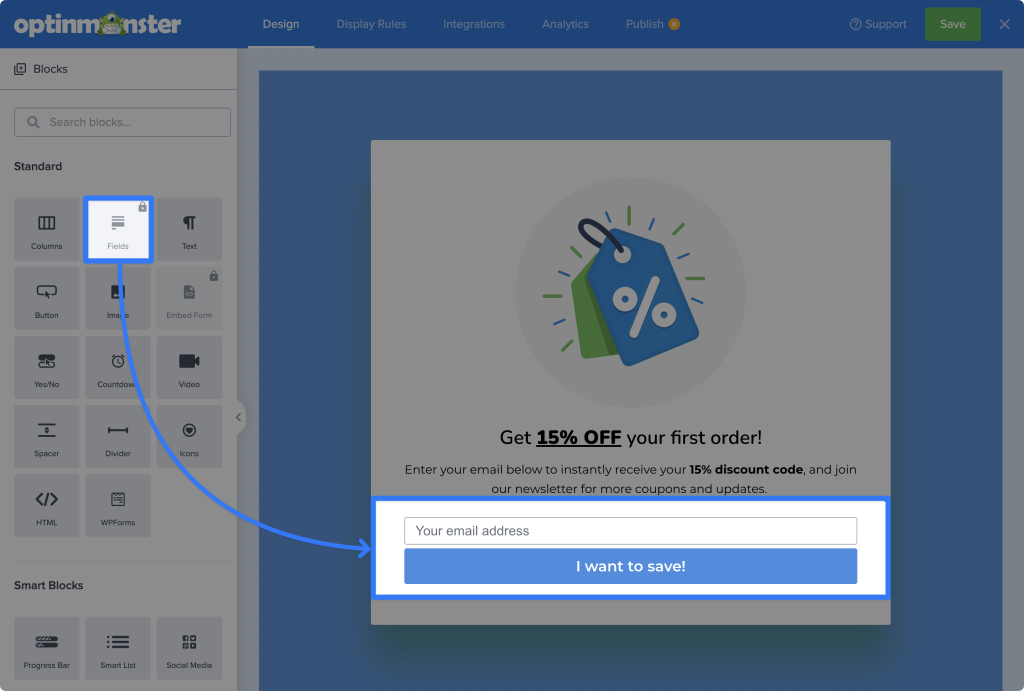 OptinMonster campaign builder showing Fields block being dragged to create a 15% off discount popup with email signup form.