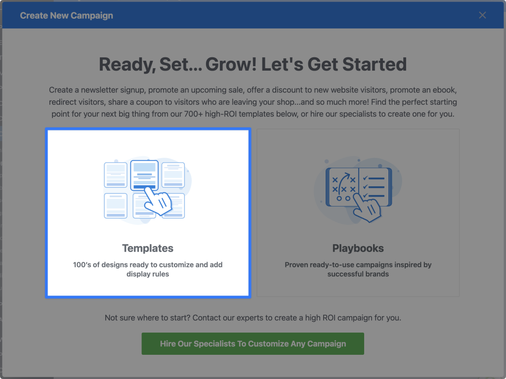 OptinMonster “Create New Campaign” screen showing options to start with Templates or Playbooks for customizable marketing campaigns.