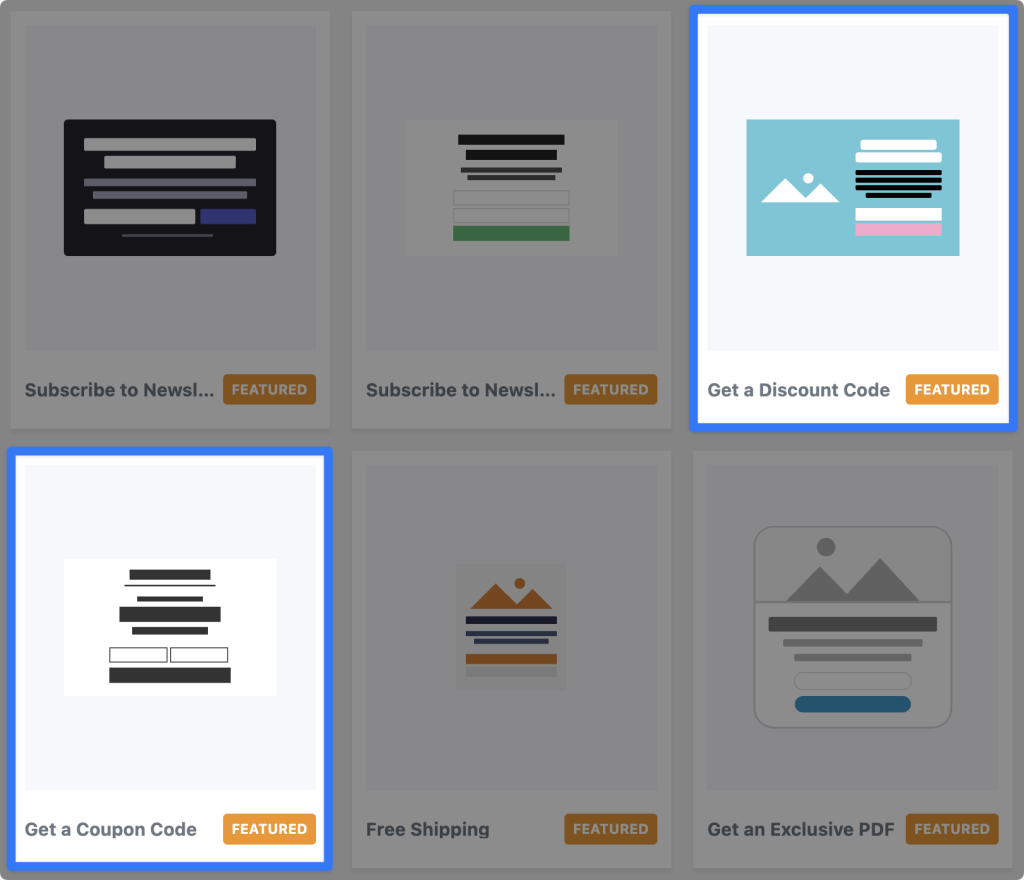 OptinMonster template selection screen highlighting 'Get a Discount Code' and 'Get a Coupon Code' featured campaign options.