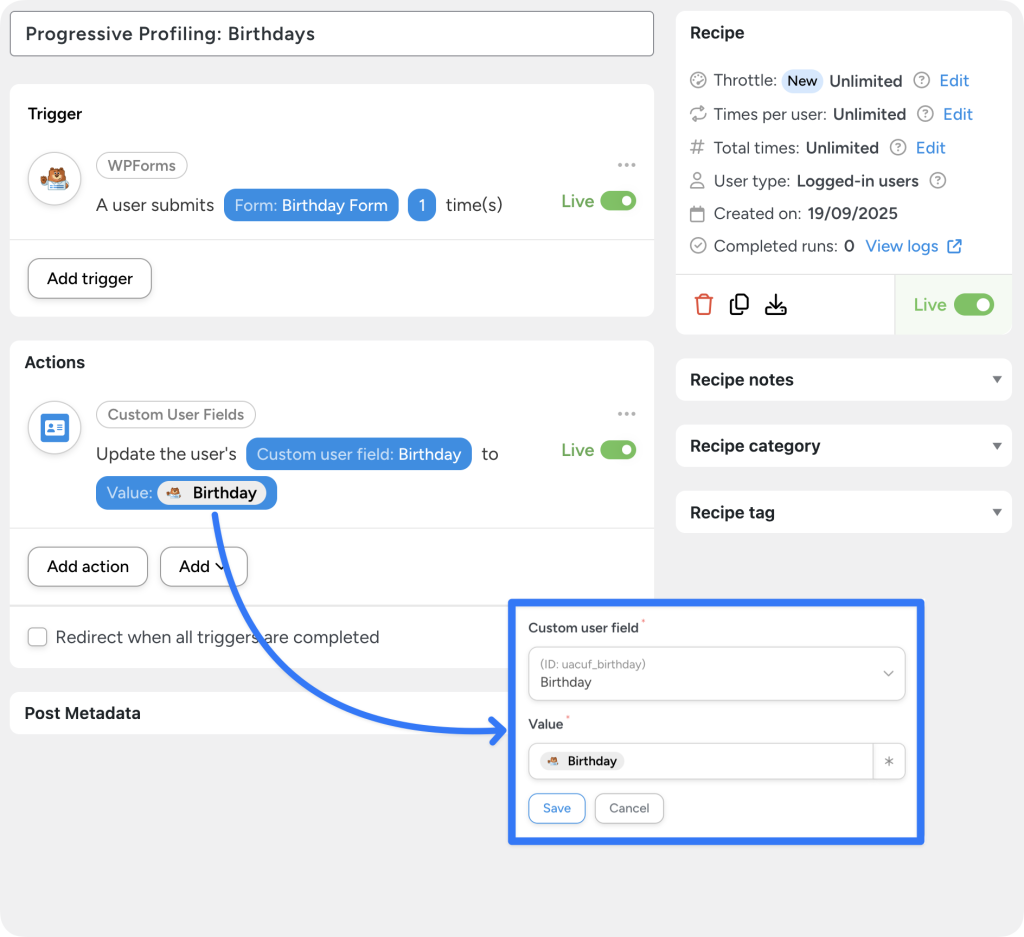 Uncanny Automator recipe with a WPForms form submission trigger and an action to update the user’s Custom User Field with the birthday from the form submission.