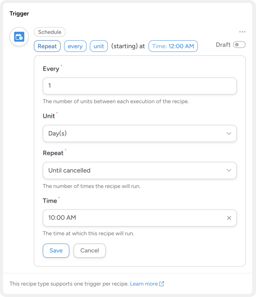 Automator’s Schedule trigger configuration form. The trigger is set to run daily at ten in the morning.