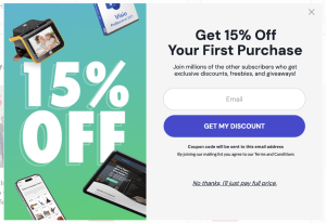 StackSocial disocunt popup featuring a 15% off graphic on the left with different tech items and a single email field on the right with the CTA "GET MY DISCOUNT".