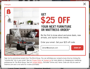 The Brick discount popup featuring an image of a furnished living room on the left with an offer in big red text to get "$25 OFF" your next order and a single email field with the CTA "SIGN UP".