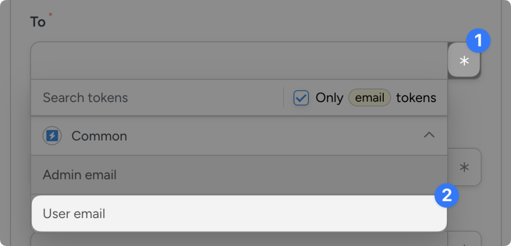 Token dropdown in Uncanny Automator with “User email” selected under Common email tokens.