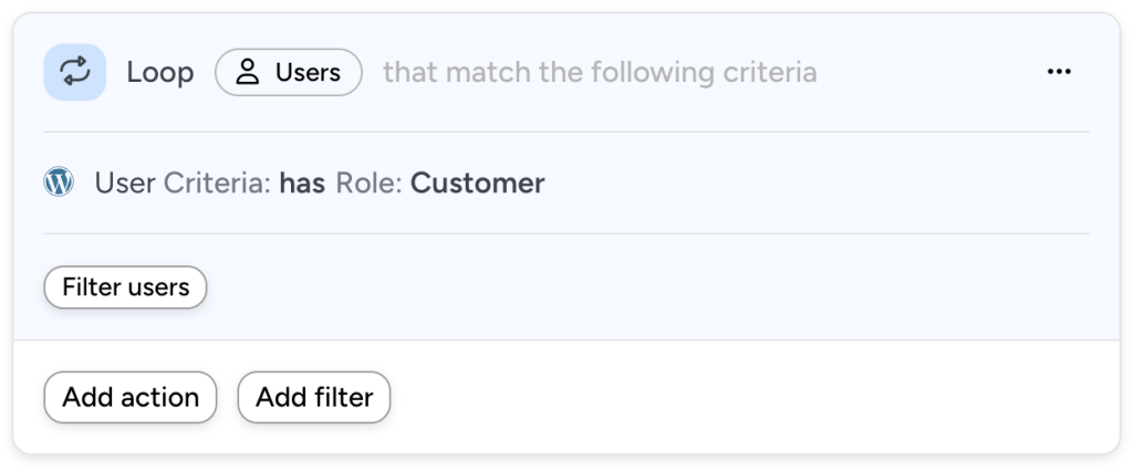 Automator’s User loop configuration with a single filter: “User Criteria: has Role: Customer”.
