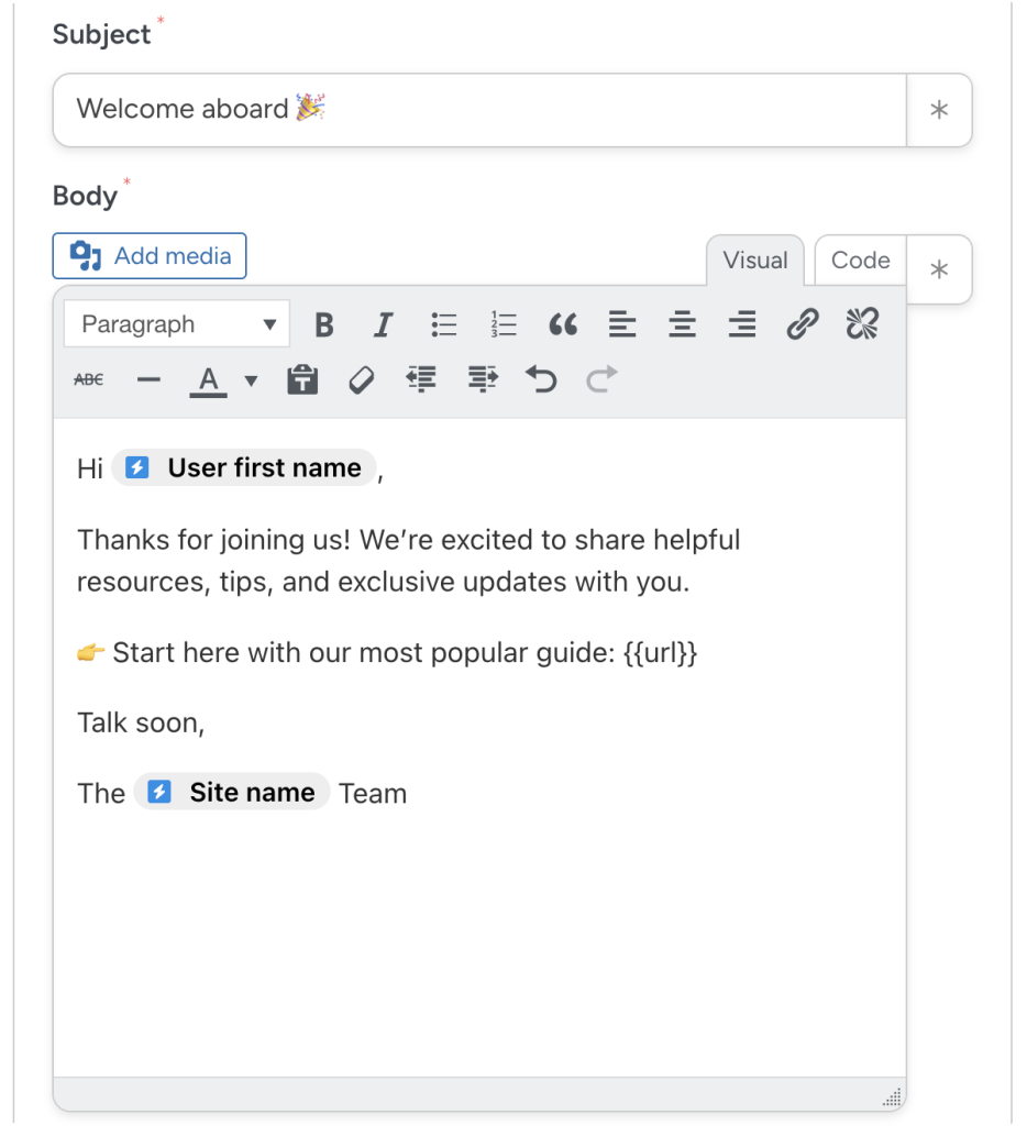 Uncanny Automator “Email” integration editor. The user has drafted a sample of the first email in a welcome email drip campaign with personalization.