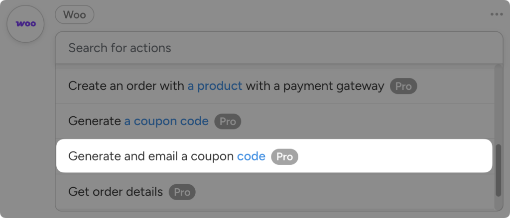 Dropdown list of Uncanny Automator actions for WooCommerce. The user has highlighted the action “Generate and email coupon code”.