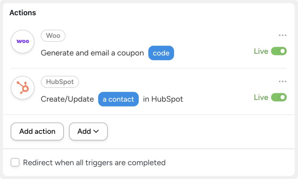 Automator actions showing WooCommerce “Generate and email a coupon code” and HubSpot “Create/Update a contact in HubSpot”, both set to Live.