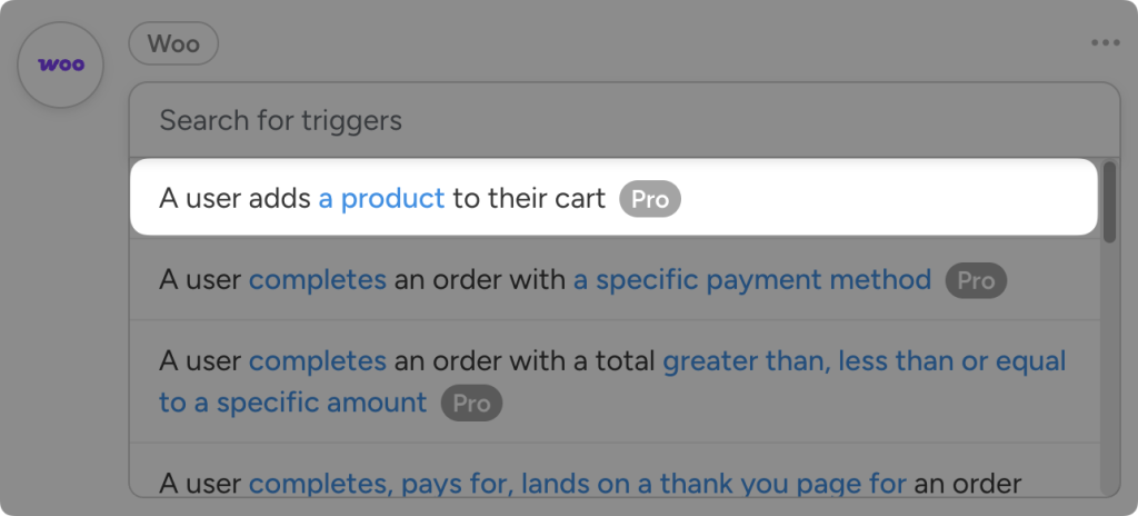 Dropdown list of WooCommerce triggers for WordPress workflow automations in Uncanny Automator. The user has highlighted the trigger “A user adds a product to their cart”.