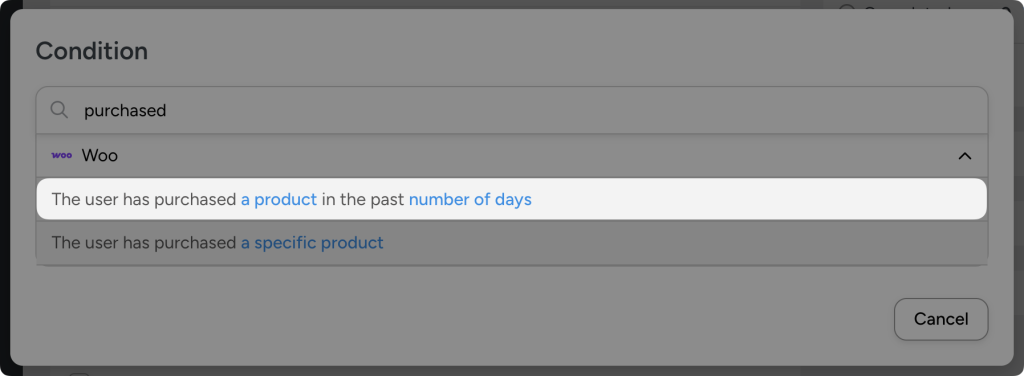 Automator WooCommerce condition menu with “The user has purchased a product in the past number of days” highlighted.