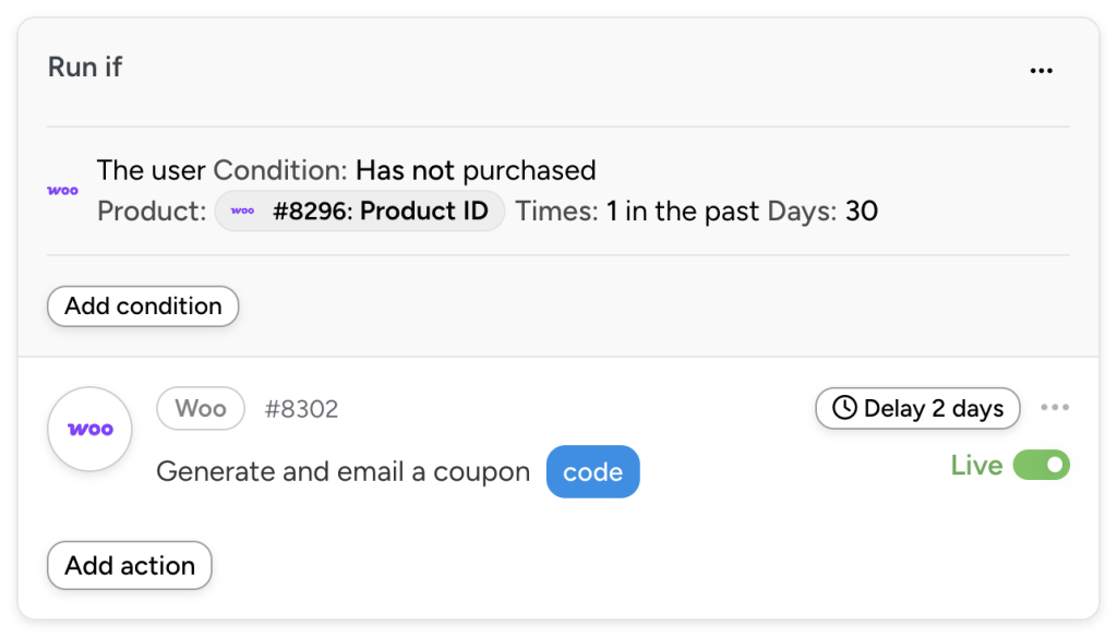 Automator WooCommerce action: delays 2 days, then generates and emails a coupon if a product hasn’t been purchased. The action is a WooCommerce abandoned cart recovery message.