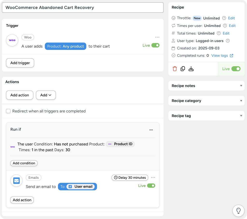 WooCommerce abandoned cart recovery recipe in Uncanny Automator with an email reminder action and product purchase condition.