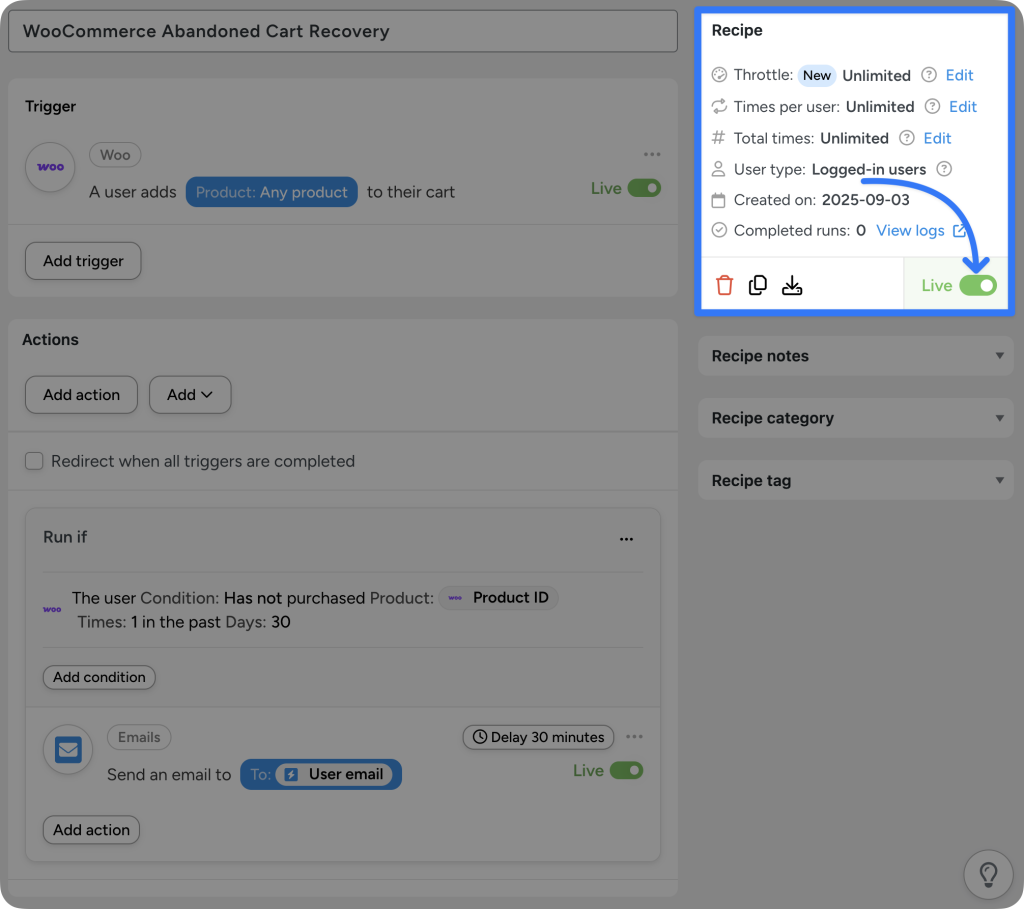 WooCommerce abandoned cart recovery recipe in Uncanny Automator with an email reminder action and product purchase condition. The recipe is set to “Live”.
