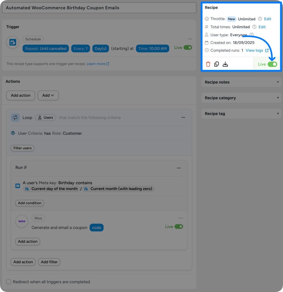 WooCommerce birthday coupons automation workflow interface showing scheduled triggers and customer filtering.
