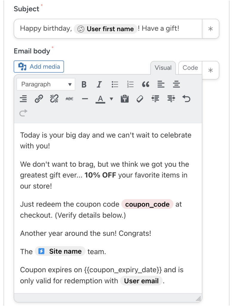 WooCommerce birthday coupon sample email with the subject line “Happy birthday, {User first name}! Have a gift!