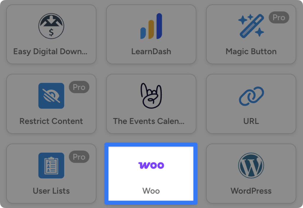 Grid of WordPress integrations for Uncanny Automator. The highlighted icon in the center reads “Woo” in purple, representing WooCommerce.