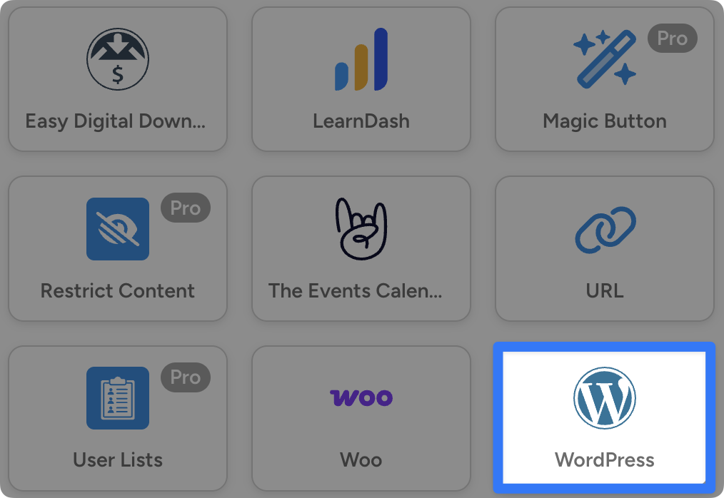 wordpress-integration Grid of integration icons for Uncanny Automator. The WordPress icon is highlighted, showing that it has been selected.