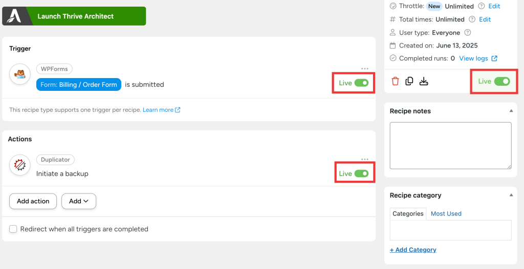 Uncanny Automator recipe to automate WordPress backups upon form submissions.