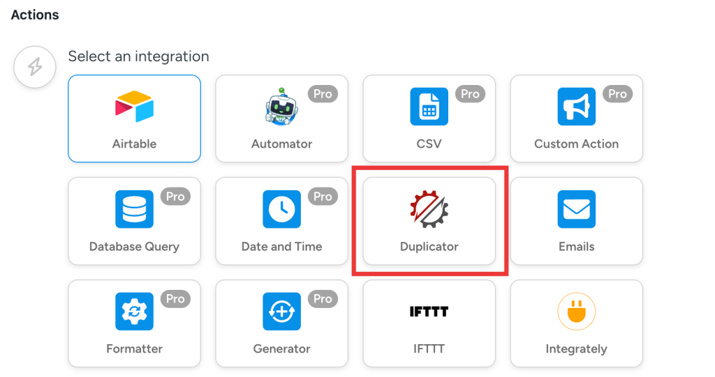 Uncanny Automator integrations grid. The Duplicator integration tile is highlighted in a red outline.