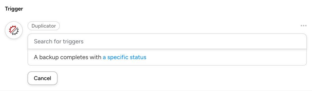 Duplicator trigger dropdown list in Uncanny Automator. The trigger "A backup completes with a specific status".