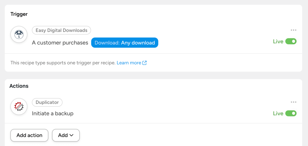 An Uncanny Automator recipe to automate a WordPress backup when a customer purchases a EDD download.