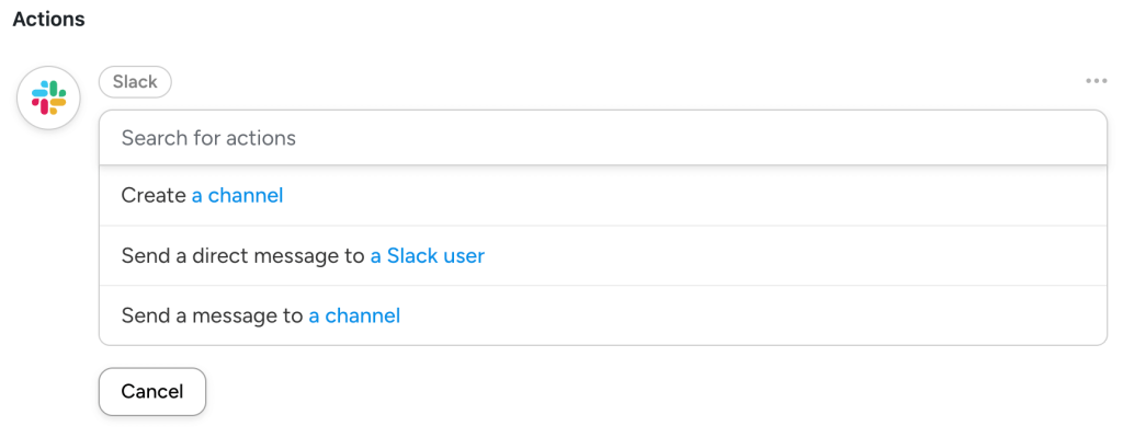 Dropdown list of Slack actions in Uncanny Automator.