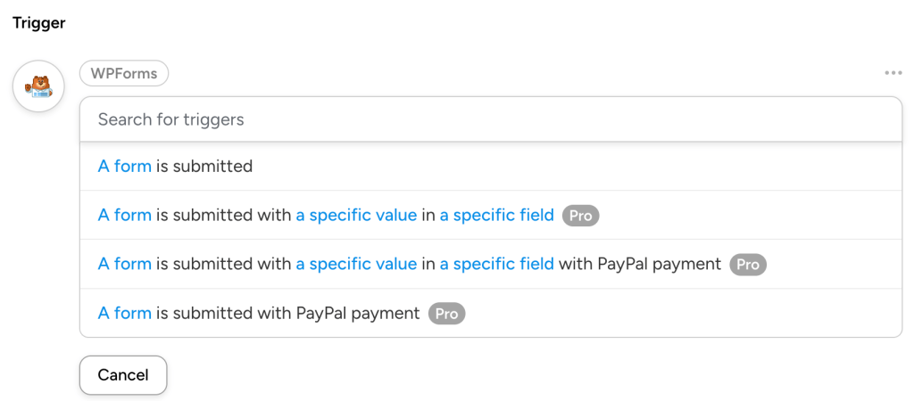 WPForms trigger dropdown list for Uncanny Automator.