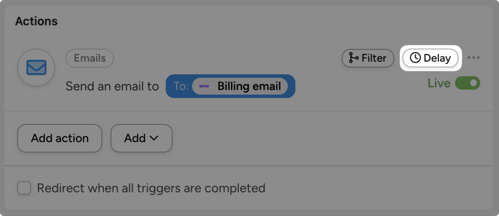 Automator “Actions” panel showing an email action set to send to “Billing email” from a WooCommerce order. The user has highlighted the “Delay” button.