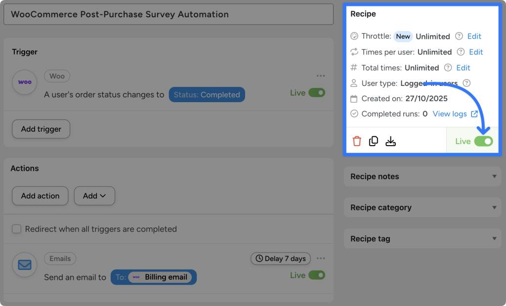 Uncanny Automator recipe titled “WooCommerce Post-Purchase Survey Automation”, showing a WooCommerce trigger and an email action with delay.