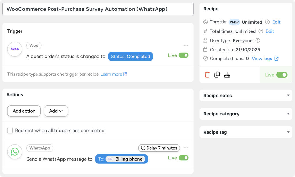 Uncanny Automator recipe to automate post-purchase surveys in WooCommerce. The recipe sends a message to the customer’s billing phone number via WhatsApp seven days after their order status has changed to “Completed”.