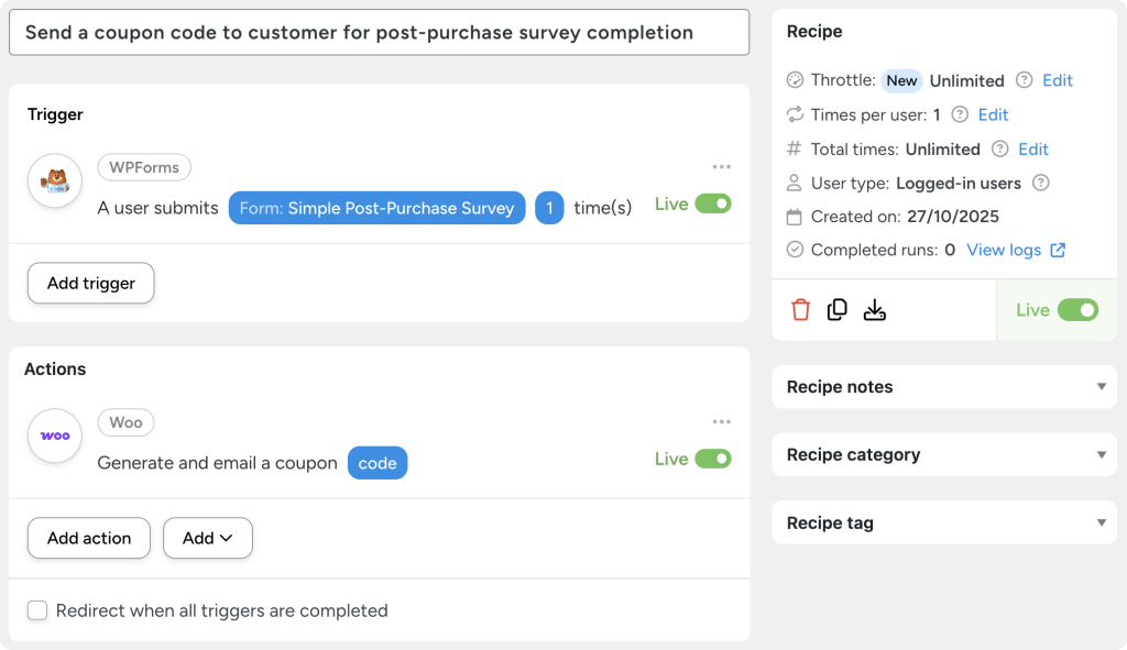 Uncanny Automator recipe that generates and emails a WooCommerce coupon code to a customer after they submit a “Post-Purchase Survey” form. The automation is set to run only once per user.