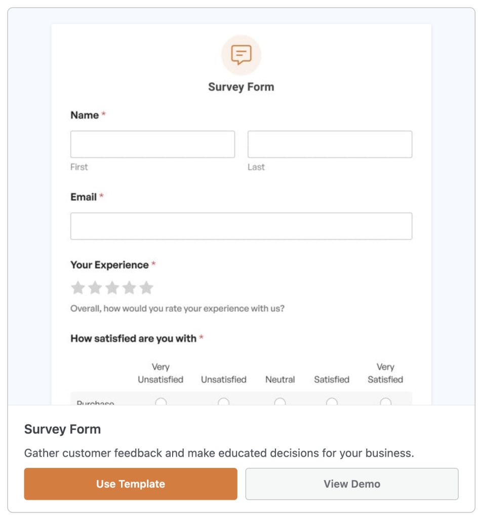 WPForms survey form template with fields for name, email, and experience rating, offering buttons to use the template or view a demo.