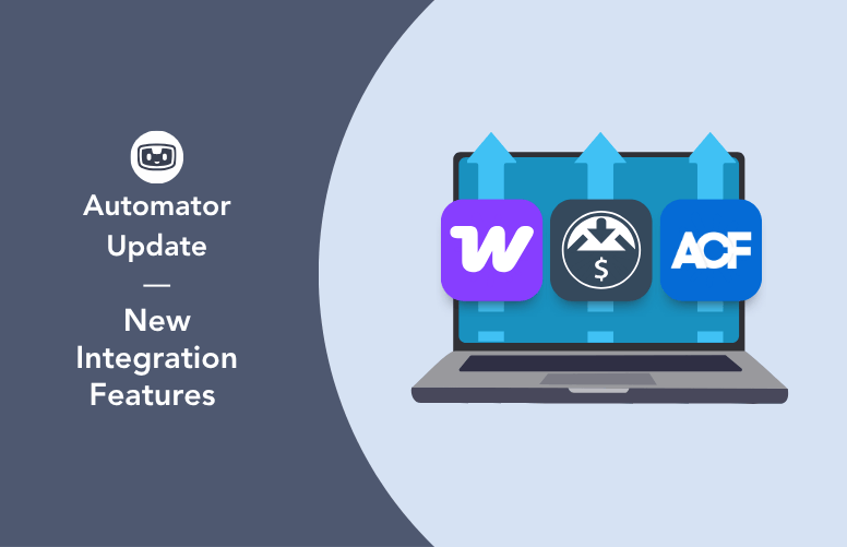 Uncanny Automator update graphic showing new integration features, with a laptop displaying icons for WooCommerce, Easy Digital Downloads, and ACF.